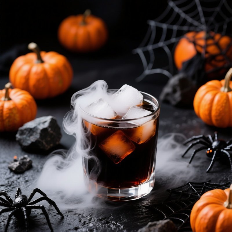 A Glass Of Dark Beverage With Dry Ice Halloween Pumpkin