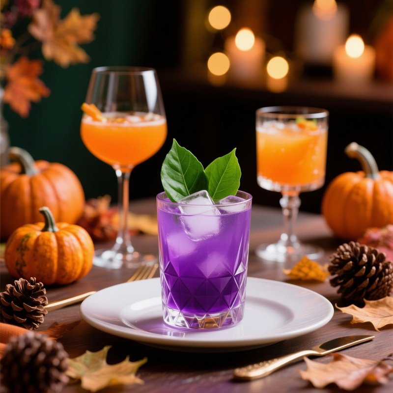 A Glass Of Purple Cocktail Garnished With A Green Leaf Cocktail