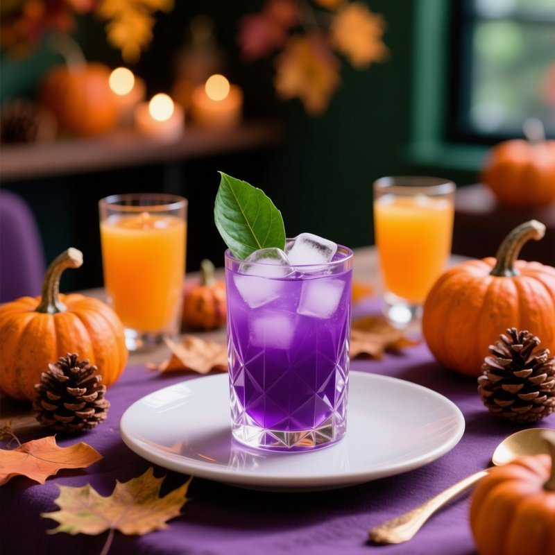 A Glass Of Purple Cocktail Garnished With A Green Leaf Cocktail
