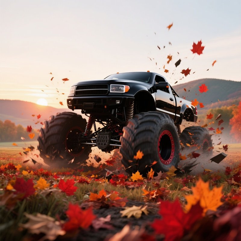 A Glossy Black Monster Truck Smashes Through A Field Of Autumn Leaves On A Crisp Morning, Vibrant