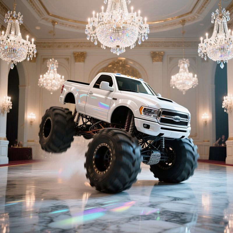 A Glossy White Monster Truck Performs A Dramatic Spin On A Polished Marble Floor Inside A Grand