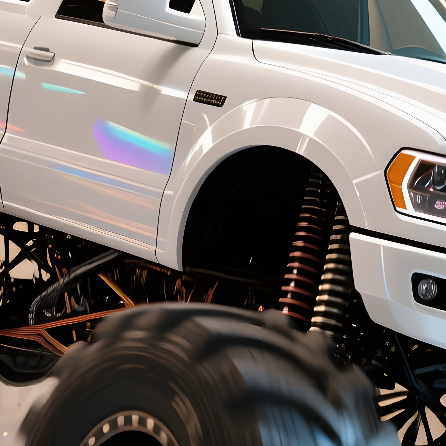 A Glossy White Monster Truck Performs A Dramatic Spin On A Polished Marble Floor Inside A Grand - Full Resolution Quality Preview