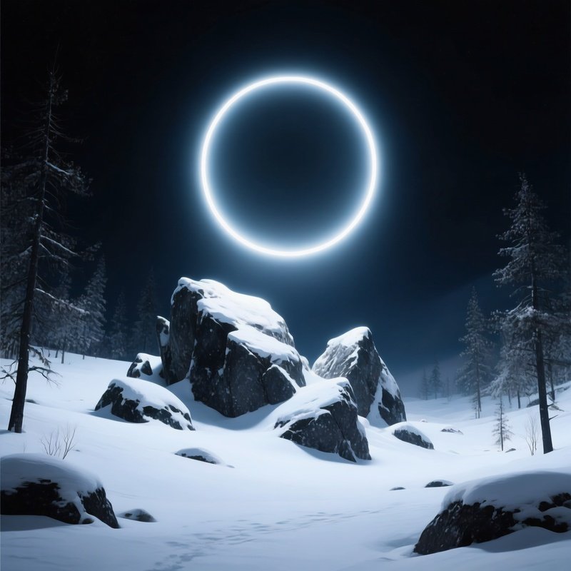 A Glowing Circular Light In A Snowy Landscape Winter Night