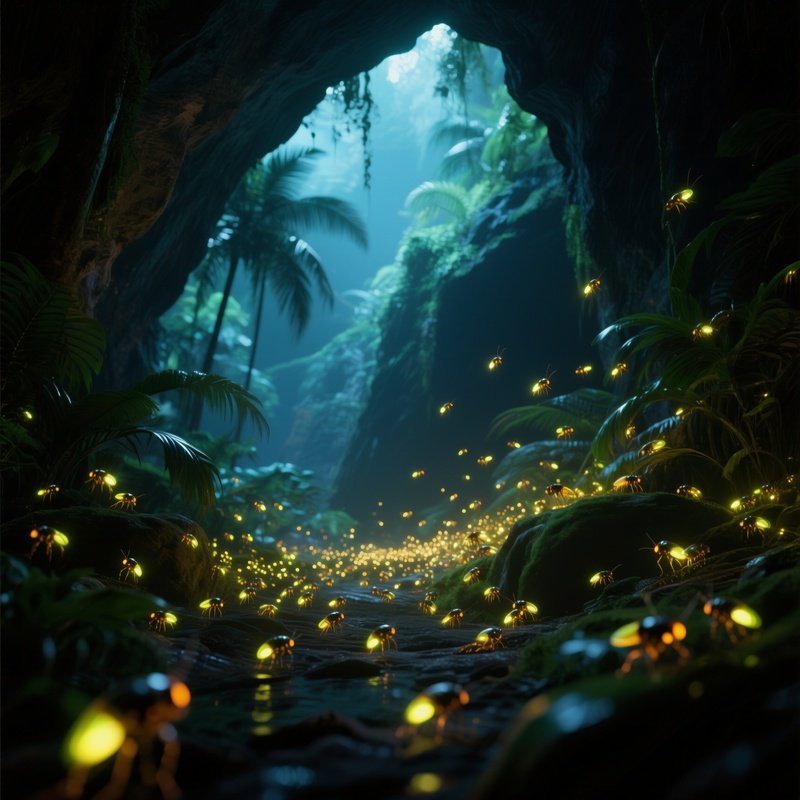 A Glowing Firefly Swarm Lighting Up A Tropical Cave.