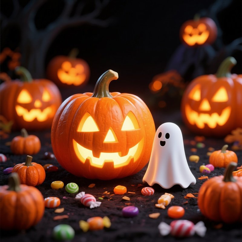 A Glowing Jack O Lantern And A Small Ghost Figure Halloween