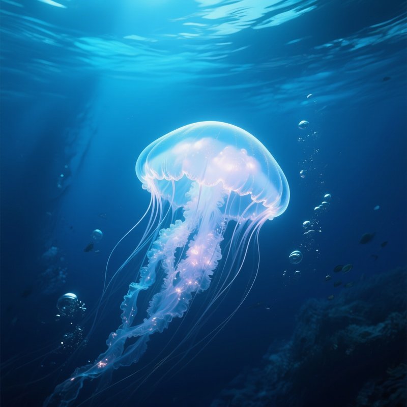 A Glowing Jelly Cloud Drifting Through Deep Ocean Blue.