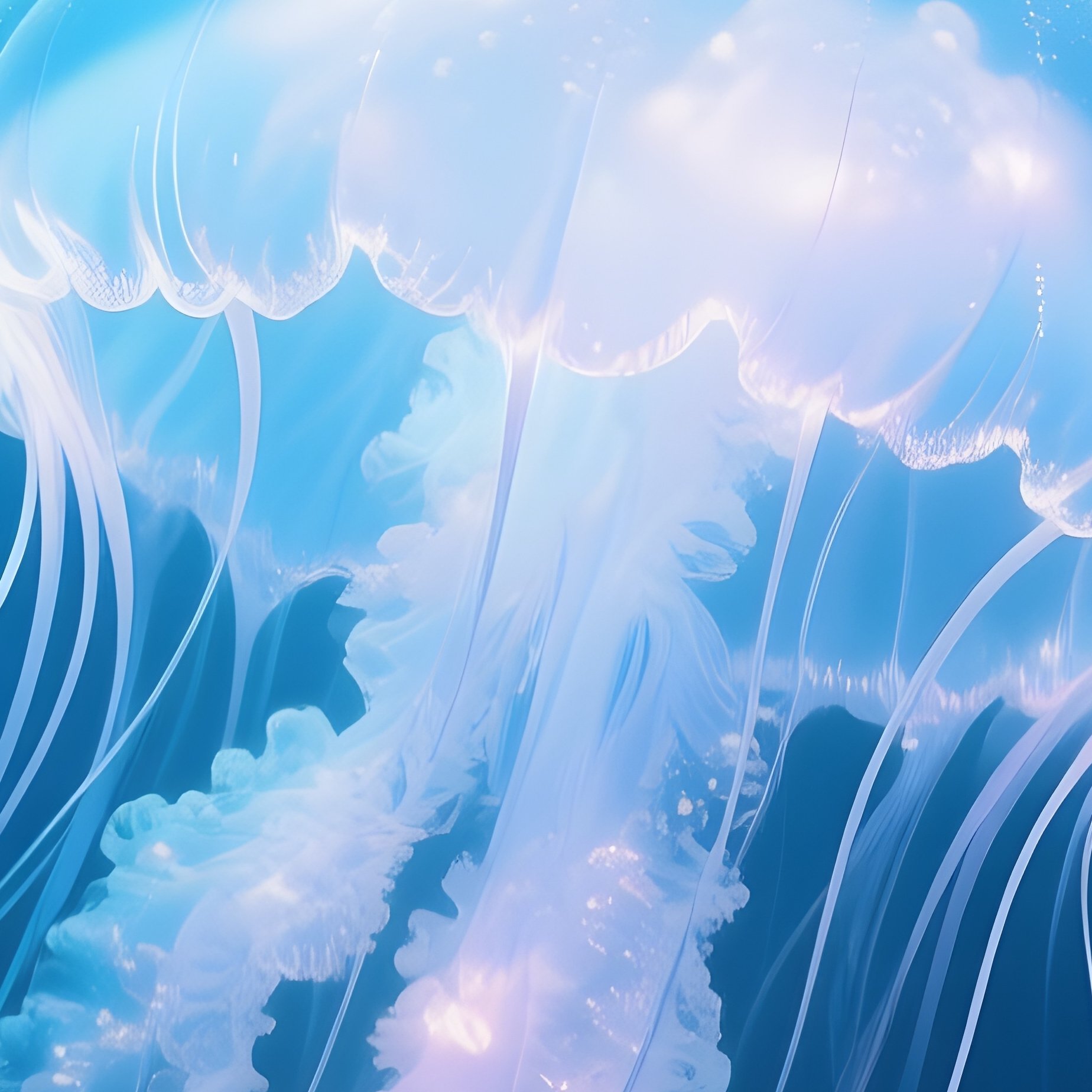 A Glowing Jelly Cloud Drifting Through Deep Ocean Blue. - Full Resolution Quality Preview