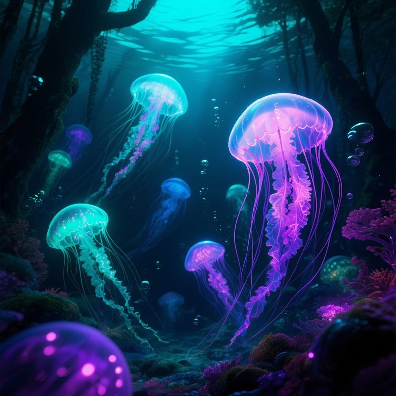A Glowing Jellyfish Forest Deep In The Abyss Digital Art