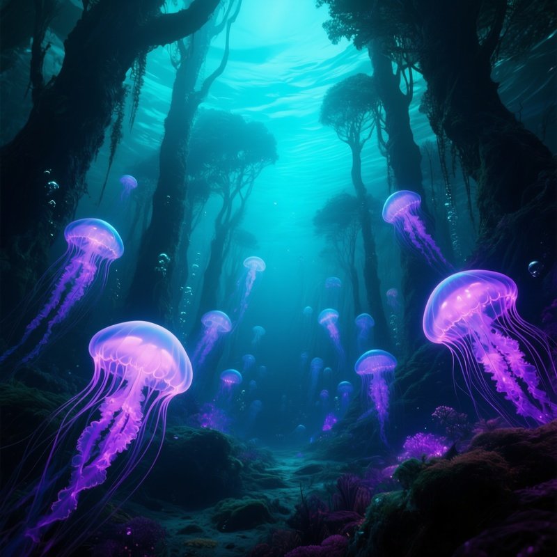 A Glowing Jellyfish Forest Deep In The Abyss Science Fiction