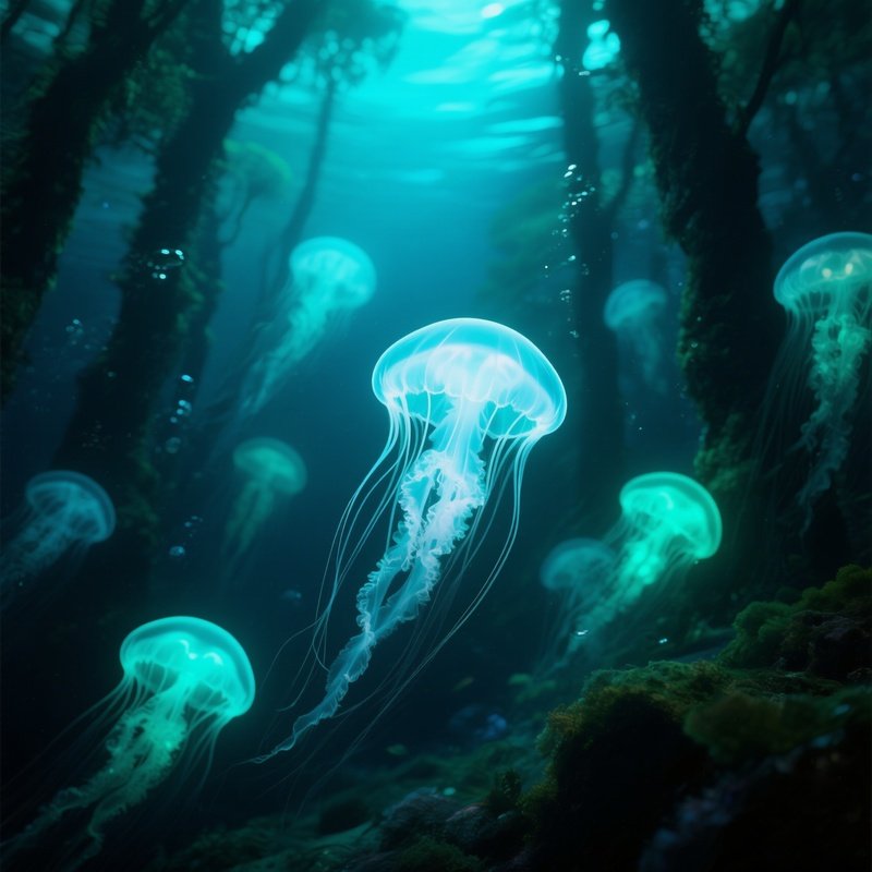 A Glowing Jellyfish Forest Deep In The Abyss Underwater Image