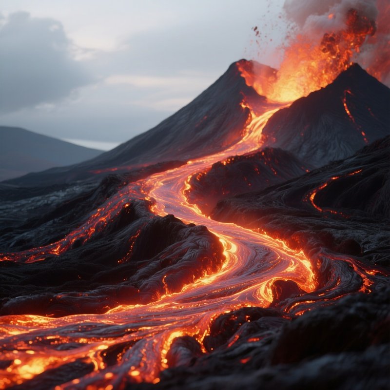 A Glowing Lava Wave Rolling Down A Volcanic Slope.