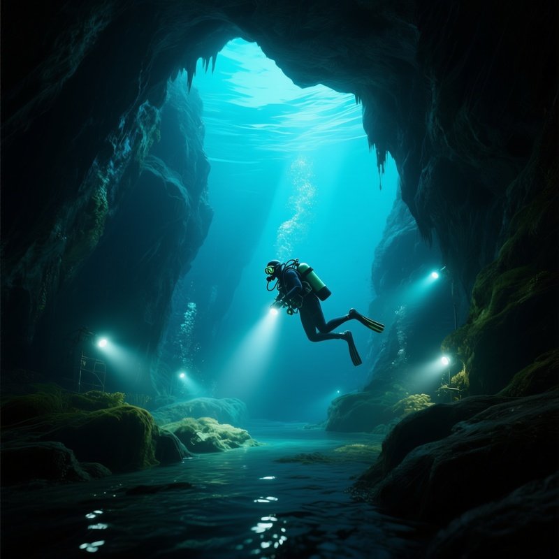 A Glowing Underwater Cave Illuminated By Diver Lights.