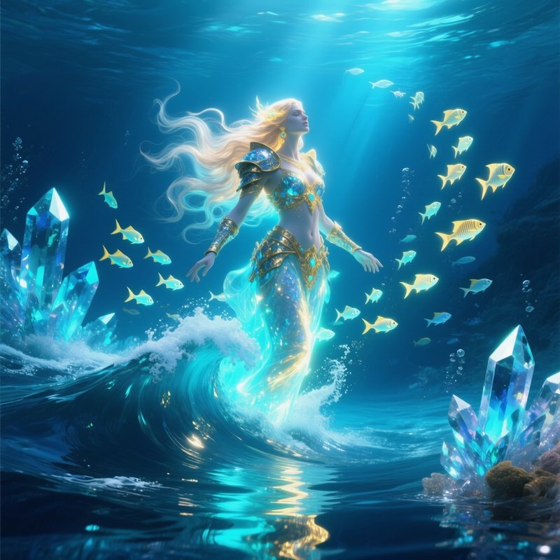 A Goddess Of The Sea Emerging From A Crystal Tide