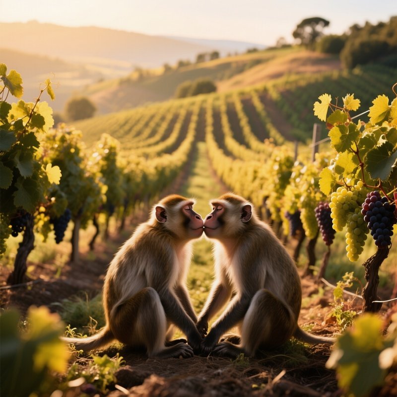 A Golden Afternoon On A Hillside Vineyard, Two Macaques Sit Among Grapevines And Share A Kiss, Rows