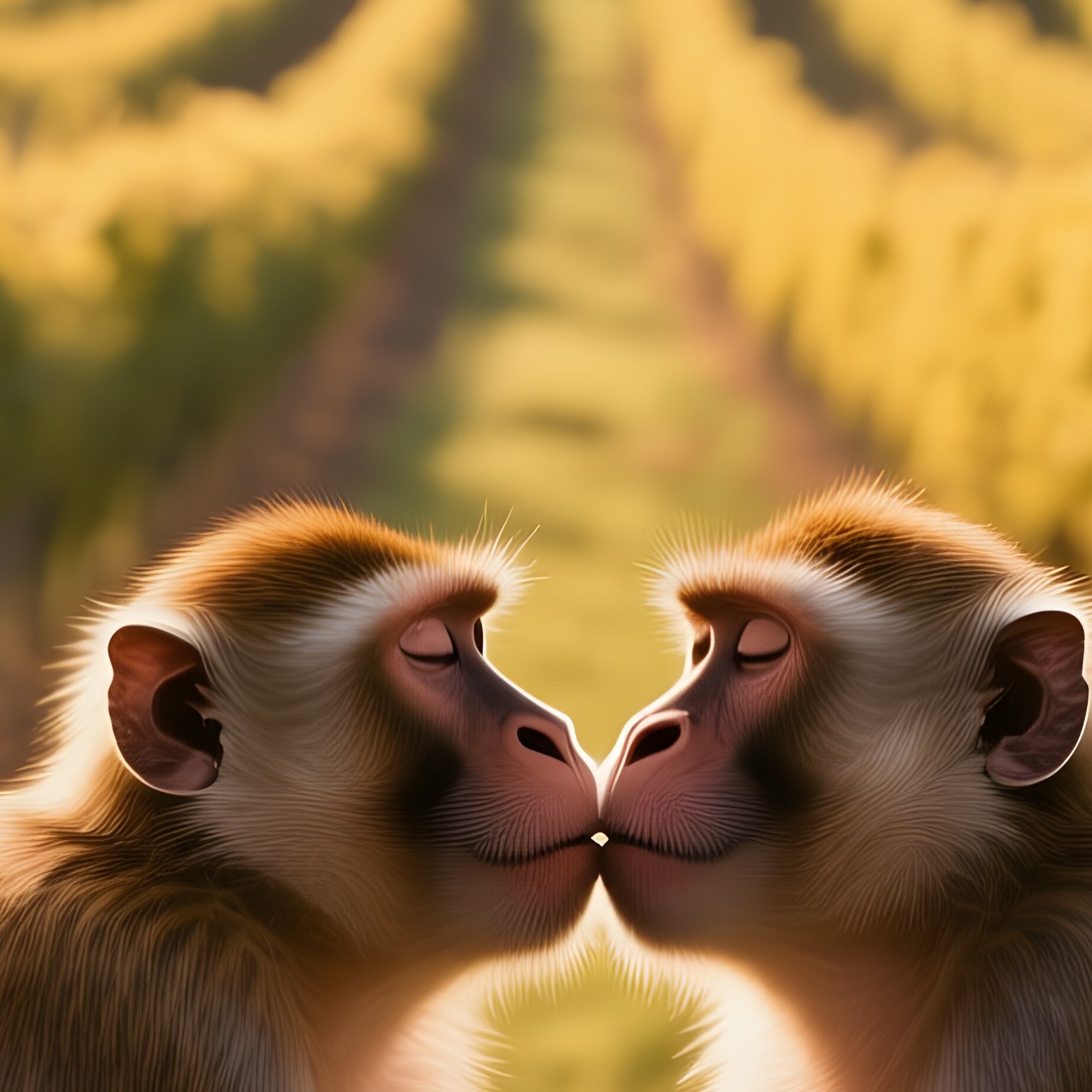 A Golden Afternoon On A Hillside Vineyard, Two Macaques Sit Among Grapevines And Share A Kiss, Rows - Full Resolution Quality Preview