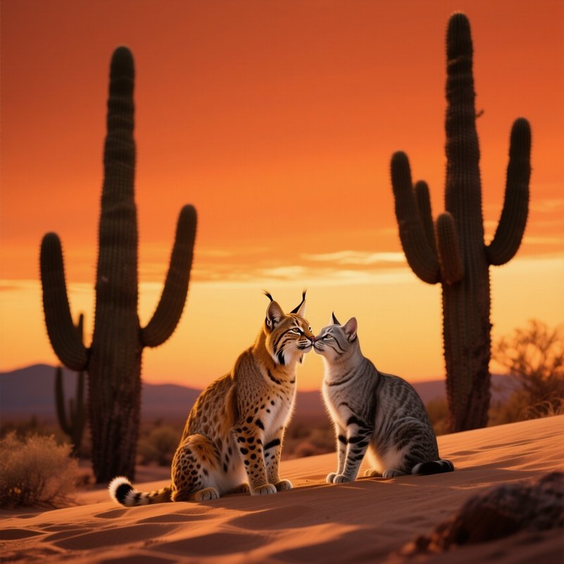 A Golden Bobcat And A Silver Tabby Kiss Softly On A Desert Dune At Golden Hour, With Towering