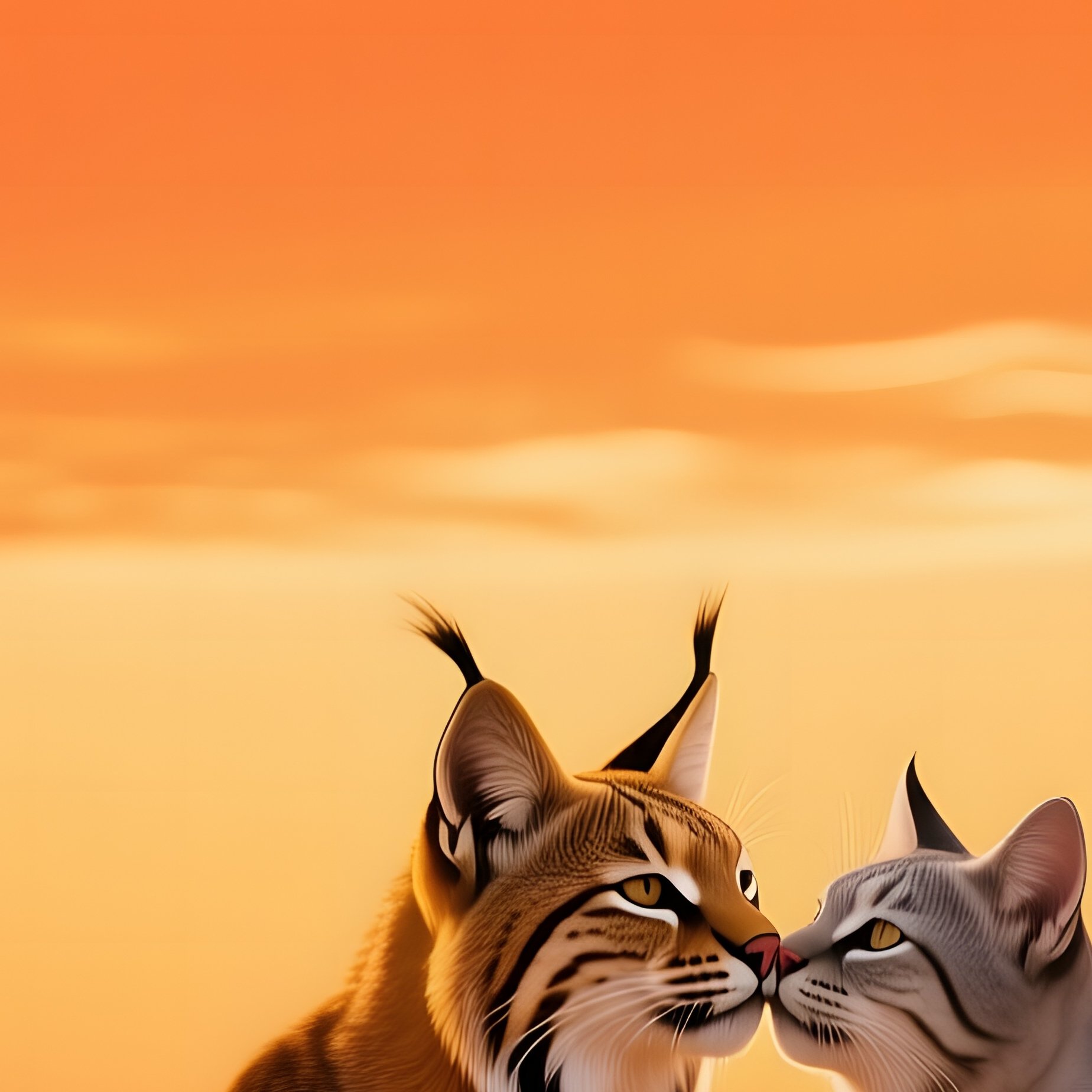 A Golden Bobcat And A Silver Tabby Kiss Softly On A Desert Dune At Golden Hour, With Towering - Full Resolution Quality Preview