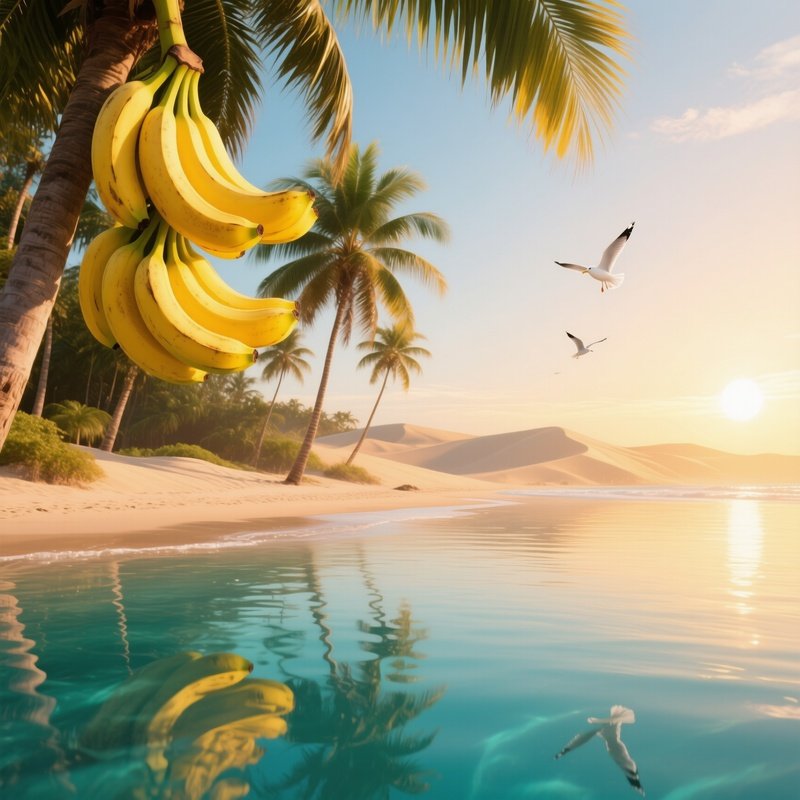 A Golden Dawn Bathes A Tropical Beach Where Vibrant Yellow Bananas Hang From Tall Palm Trees, Their