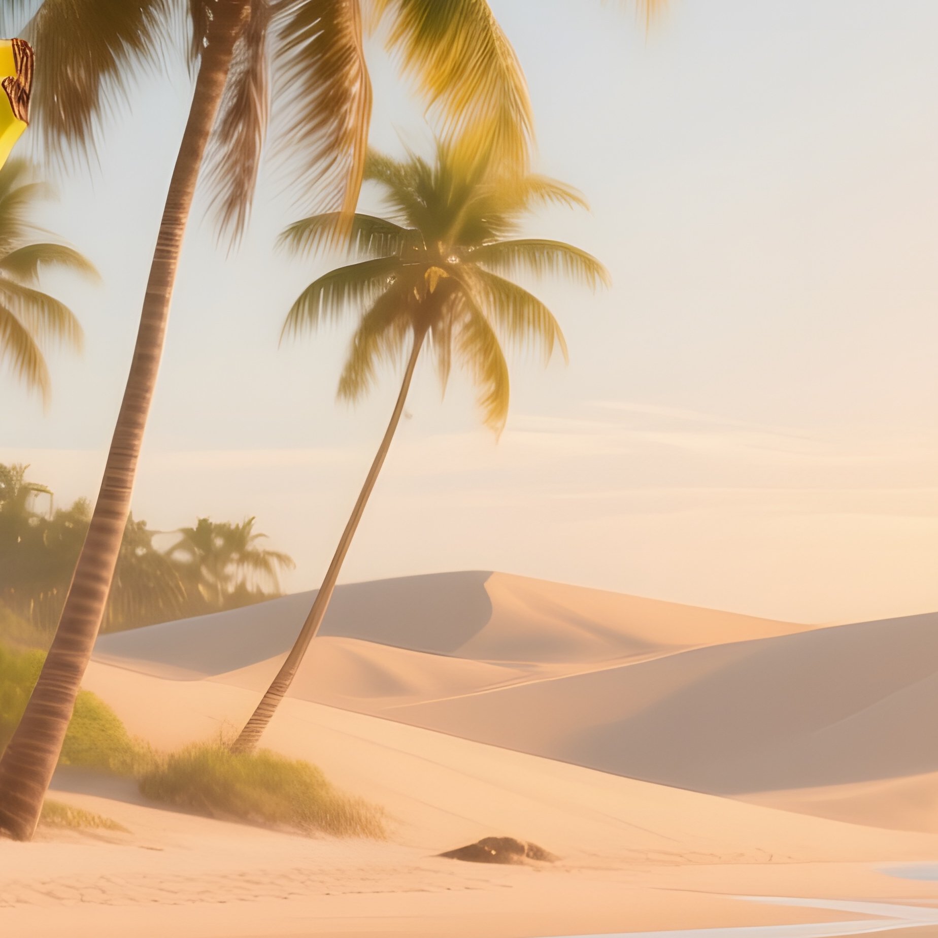 A Golden Dawn Bathes A Tropical Beach Where Vibrant Yellow Bananas Hang From Tall Palm Trees, Their - Full Resolution Quality Preview