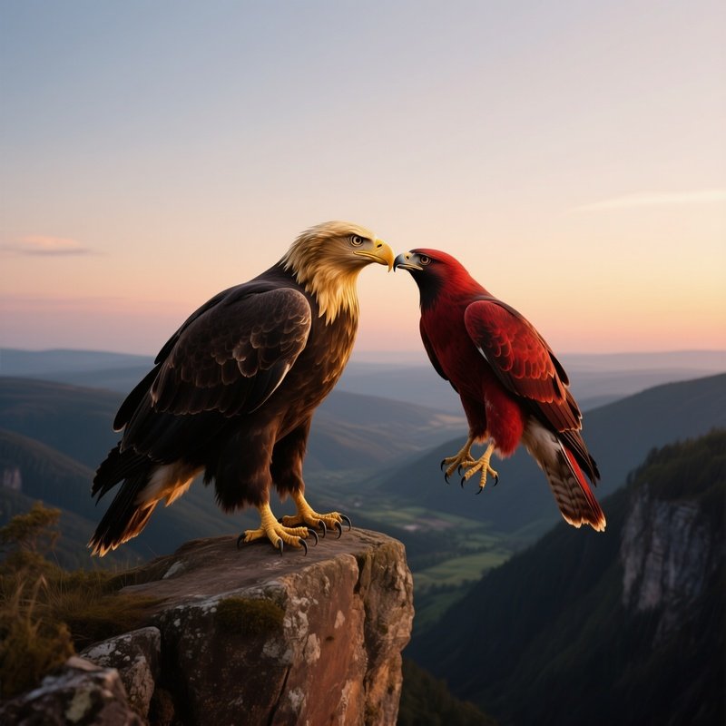 A Golden Eagle Perches Beside A Red‑Tailed Hawk, Their Beaks Touching In A Respectful Kiss On A