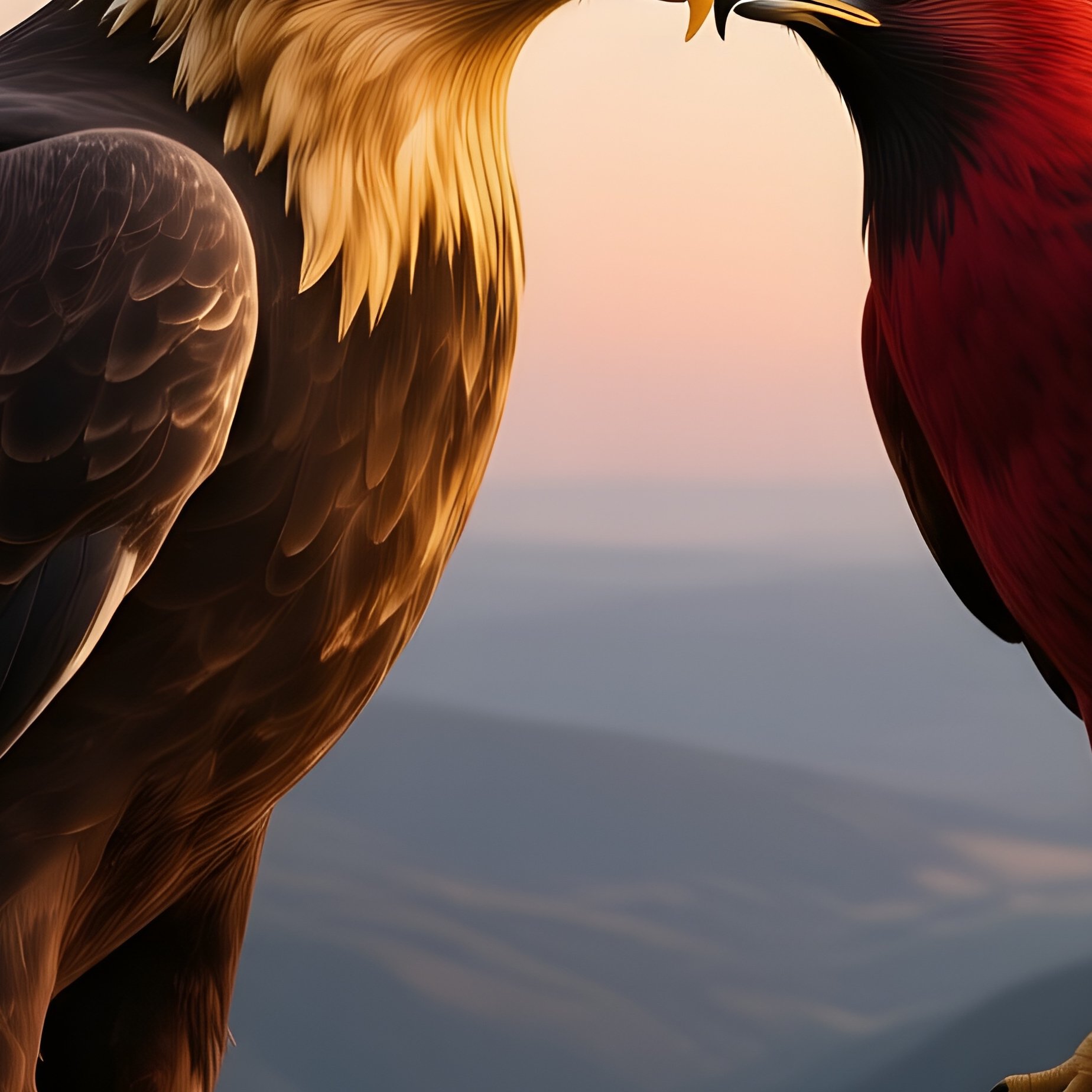 A Golden Eagle Perches Beside A Red‑Tailed Hawk, Their Beaks Touching In A Respectful Kiss On A - Full Resolution Quality Preview