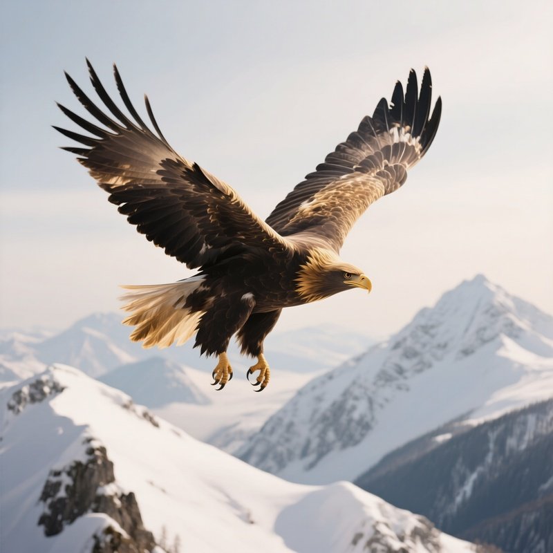 A Golden Eagle Soaring Over Snow Covered Peaks.