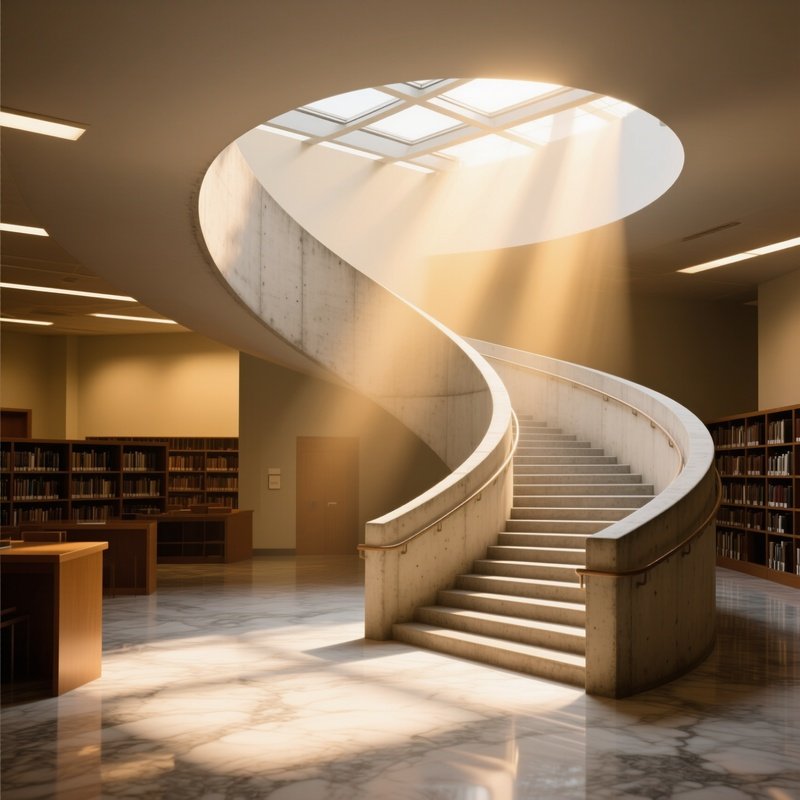 A Golden Hour Shot Of A Spiraling Concrete Staircase In A Public Library, Sunlight Streaming