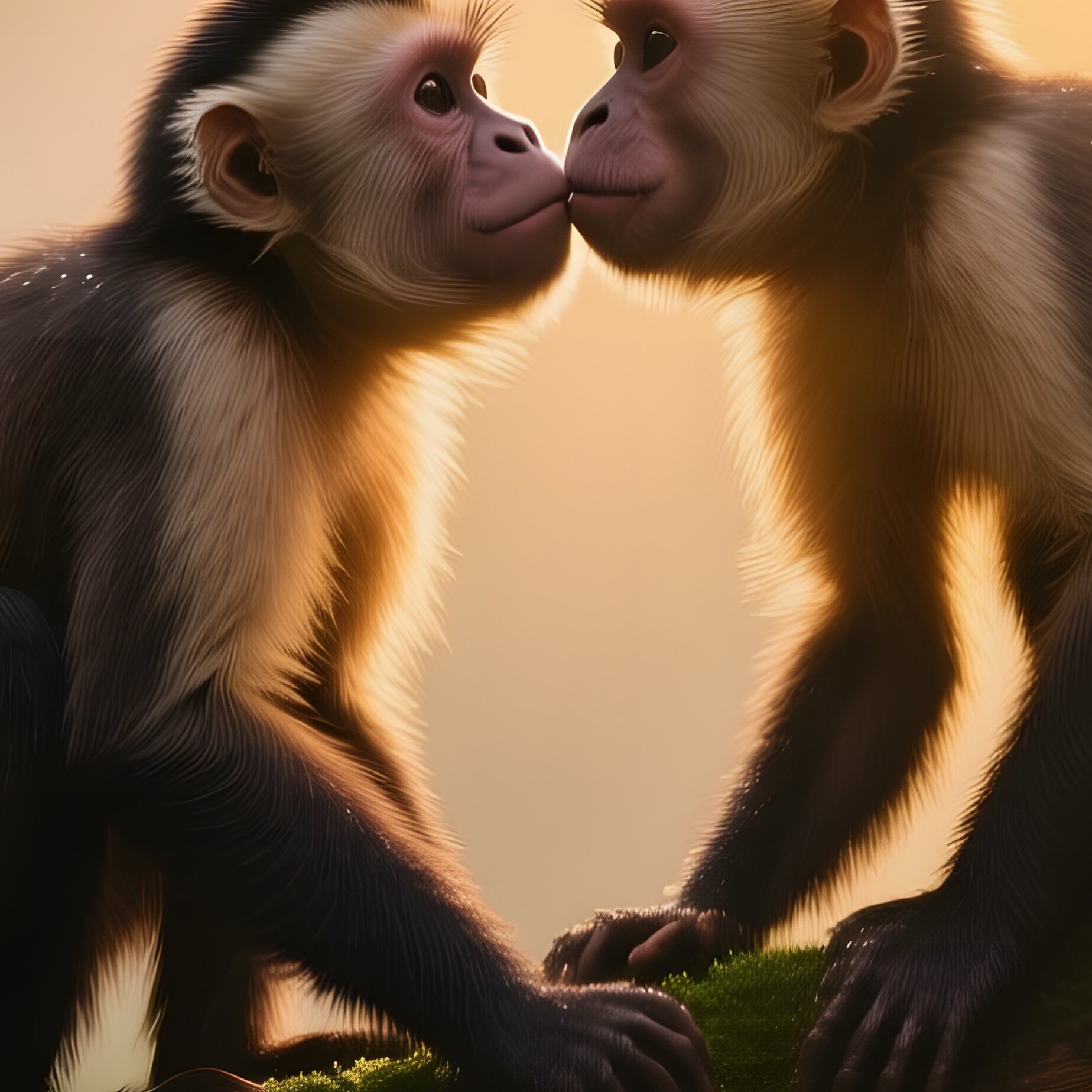 A Golden‑Hour Sunrise On A Misty Rainforest Canopy Where Two Capuchin Monkeys Share A Gentle Kiss - Full Resolution Quality Preview
