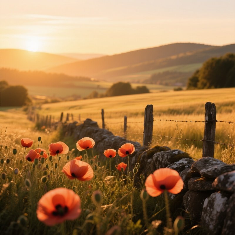 A Golden Hour View Of A Field Of Poppies Beside An Old Stone Fence, Distant Hills Bathed In Amber