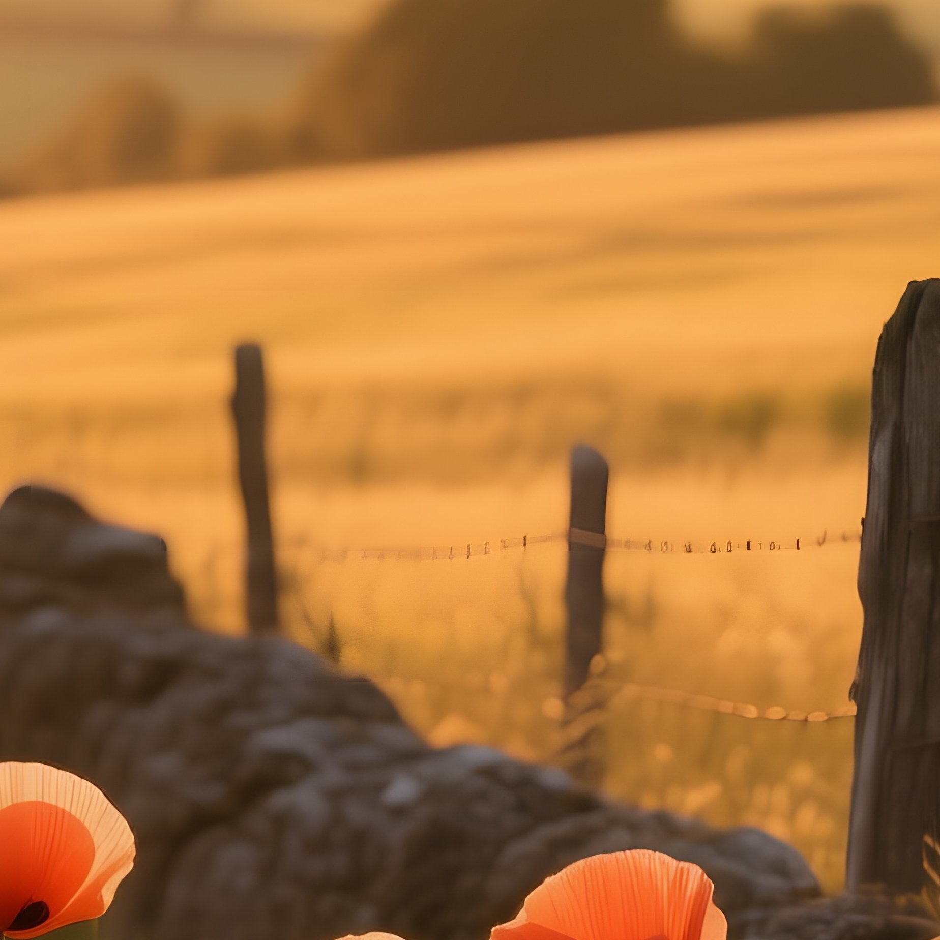 A Golden Hour View Of A Field Of Poppies Beside An Old Stone Fence, Distant Hills Bathed In Amber - Full Resolution Quality Preview