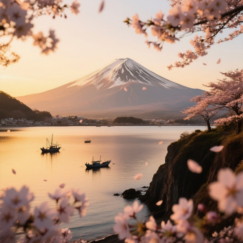 A Golden Hour View Of Mount Fuji From A Seaside Cliff, Cherry Blossoms Drifting In The Wind,