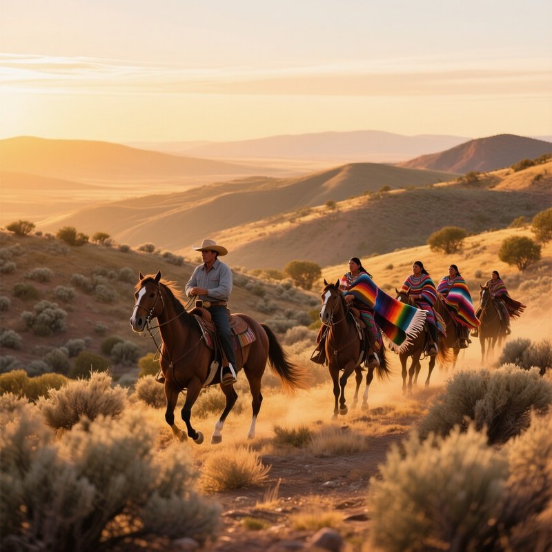 A Golden Hour Vista Over Rolling Hills Dotted With Sagebrush, A Cowboy Rides A Mustang Alongside A