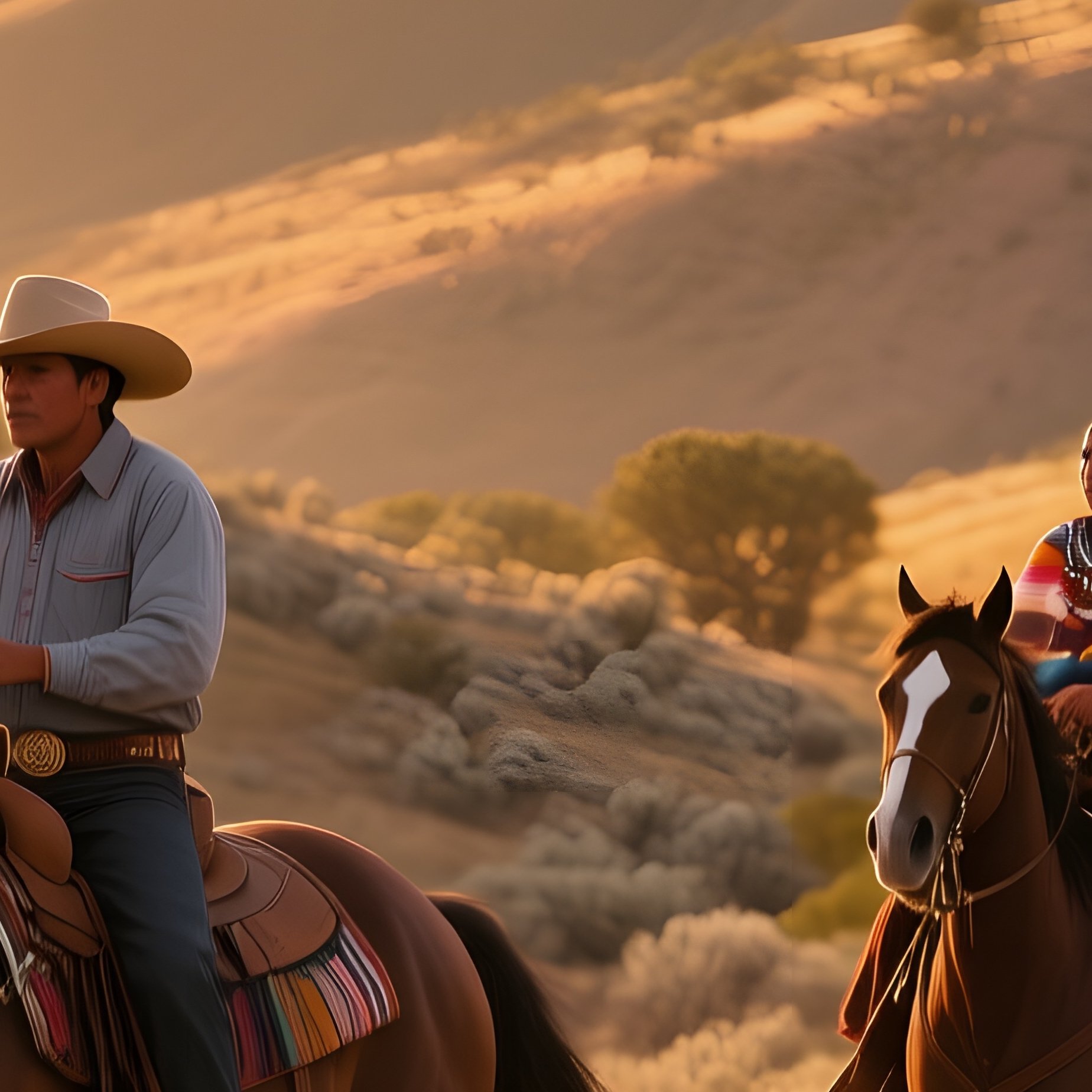 A Golden Hour Vista Over Rolling Hills Dotted With Sagebrush, A Cowboy Rides A Mustang Alongside A - Full Resolution Quality Preview