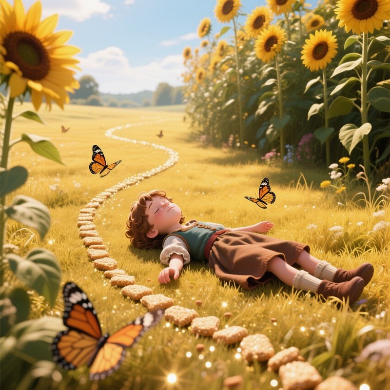 A Golden Meadow At Midday Where Hansel And Gretel Lay Breadcrumbs Forming A Sparkling Trail,