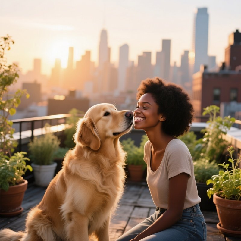 A Golden Retriever Nuzzling The Cheek Of A Smiling Young Black Woman On A Sunlit Urban Rooftop