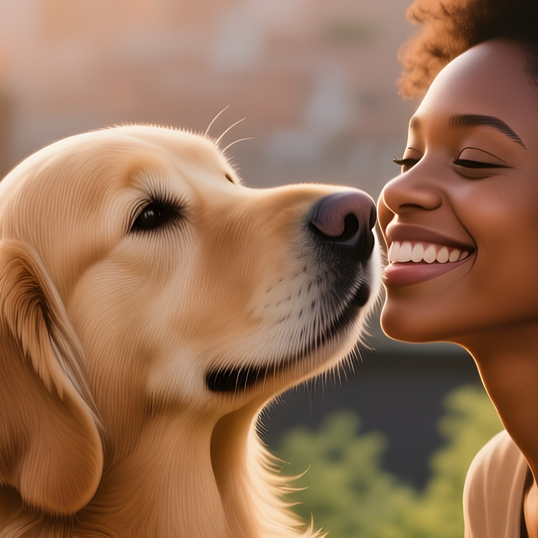 A Golden Retriever Nuzzling The Cheek Of A Smiling Young Black Woman On A Sunlit Urban Rooftop - Full Resolution Quality Preview