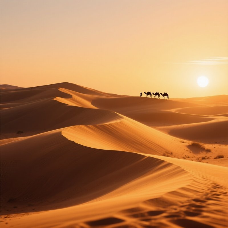 A Golden Sand Dune At Sunset In Late Summer, Wind Sculpted Ridges, Warm Amber Light, Distant