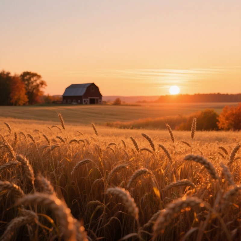 A Golden Wheat Field At Sunset In Early Autumn, Stalks Swaying Gently, Distant Barn Silhouette,