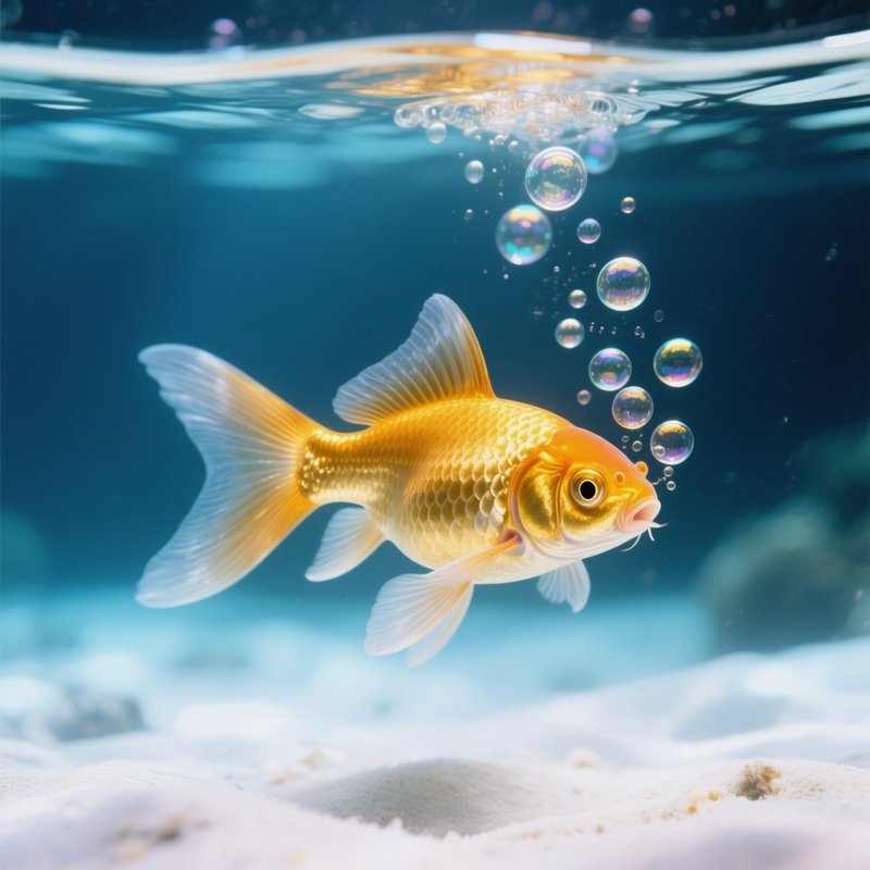 A Goldfish Blowing Tiny Bubbles Toward The Surface