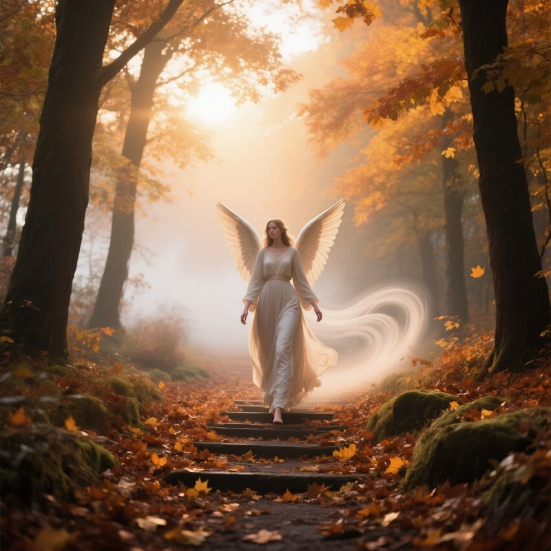 A Graceful Angel Walking Through An Autumn Forest Path Covered In Fallen Leaves, Sunrise Filtering