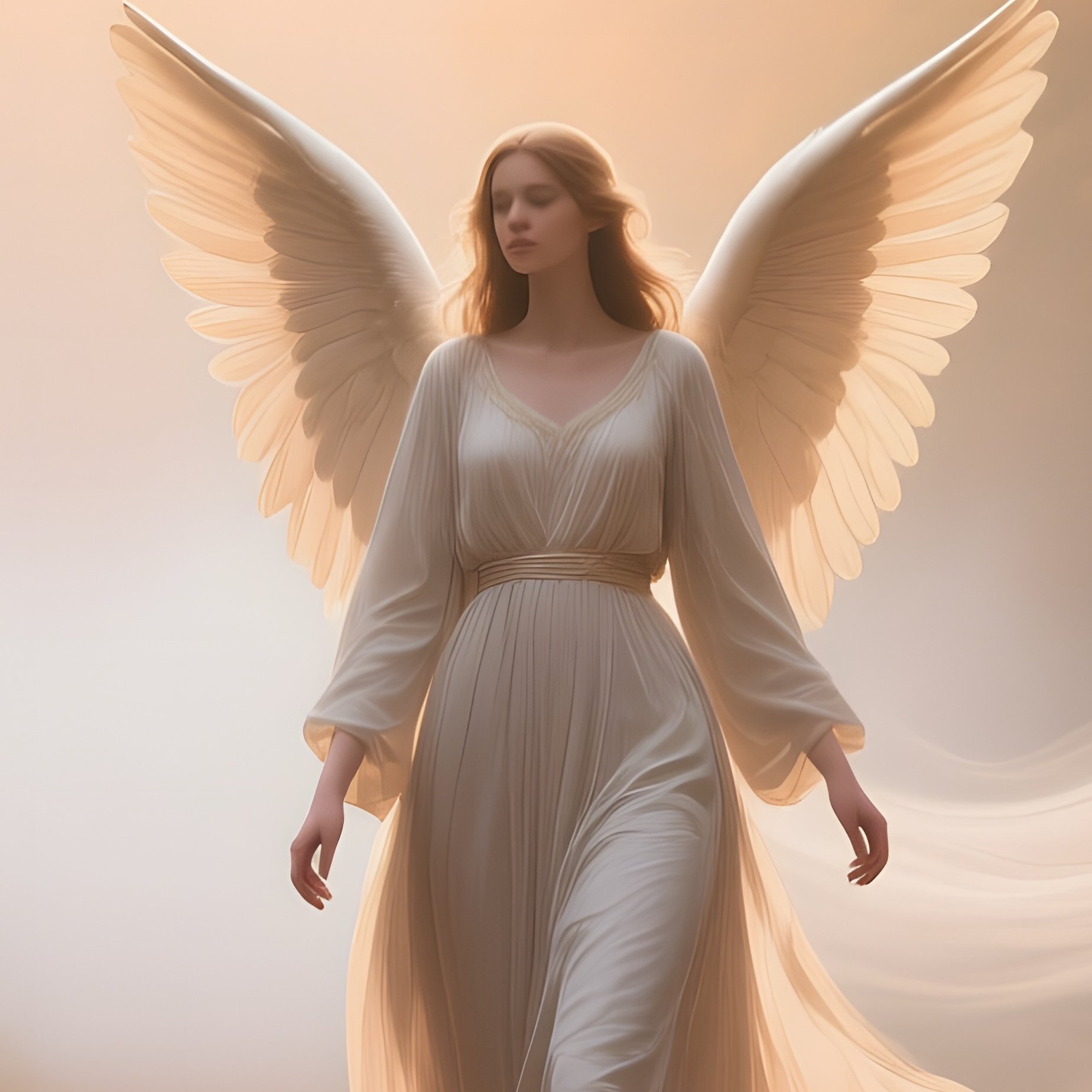 A Graceful Angel Walking Through An Autumn Forest Path Covered In Fallen Leaves, Sunrise Filtering - Full Resolution Quality Preview