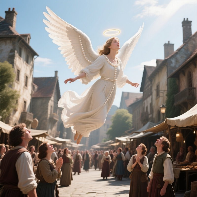 A Graceful Angel With Pearl White Wings Gliding Above A Bustling Medieval Market Square At Midday,
