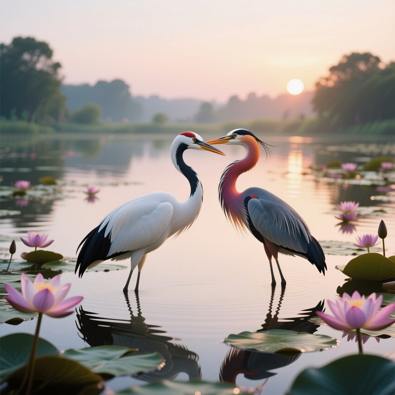 A Graceful Crane And A Vibrant Heron Lock Beaks In A Serene Kiss Over A Shallow Pond Surrounded By