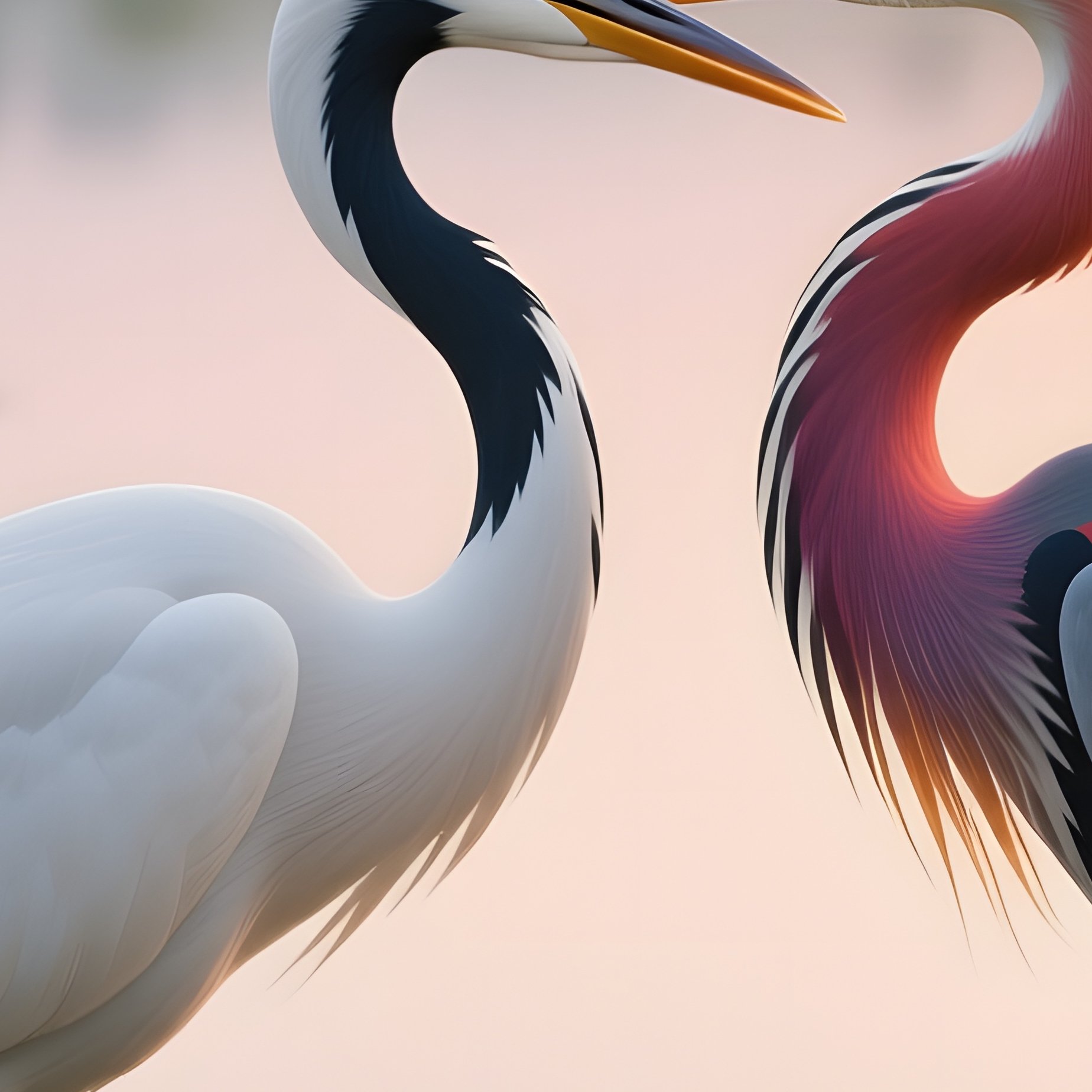 A Graceful Crane And A Vibrant Heron Lock Beaks In A Serene Kiss Over A Shallow Pond Surrounded By - Full Resolution Quality Preview