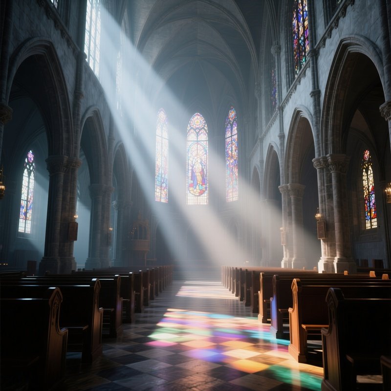 A Grand Cathedral Interior Bathed In Stained Glass Light, Pews And Arches Rendered In Cool