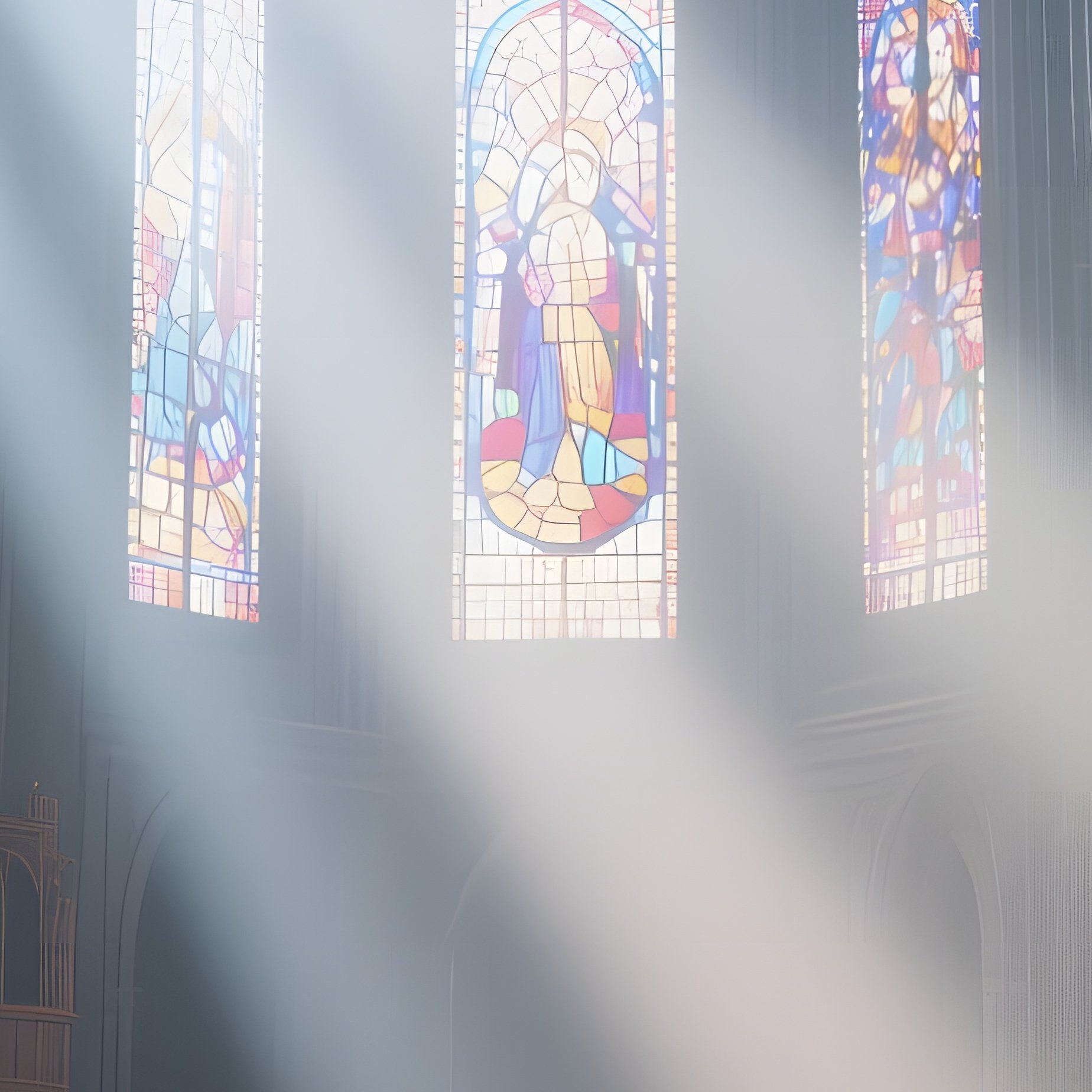 A Grand Cathedral Interior Bathed In Stained Glass Light, Pews And Arches Rendered In Cool - Full Resolution Quality Preview