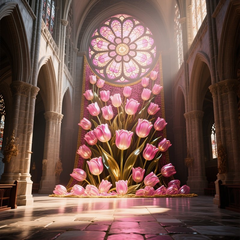 A Grand Cathedral Nave Where A Massive Rose Window Is Reimagined As An Intricate Tapestry Of Glass