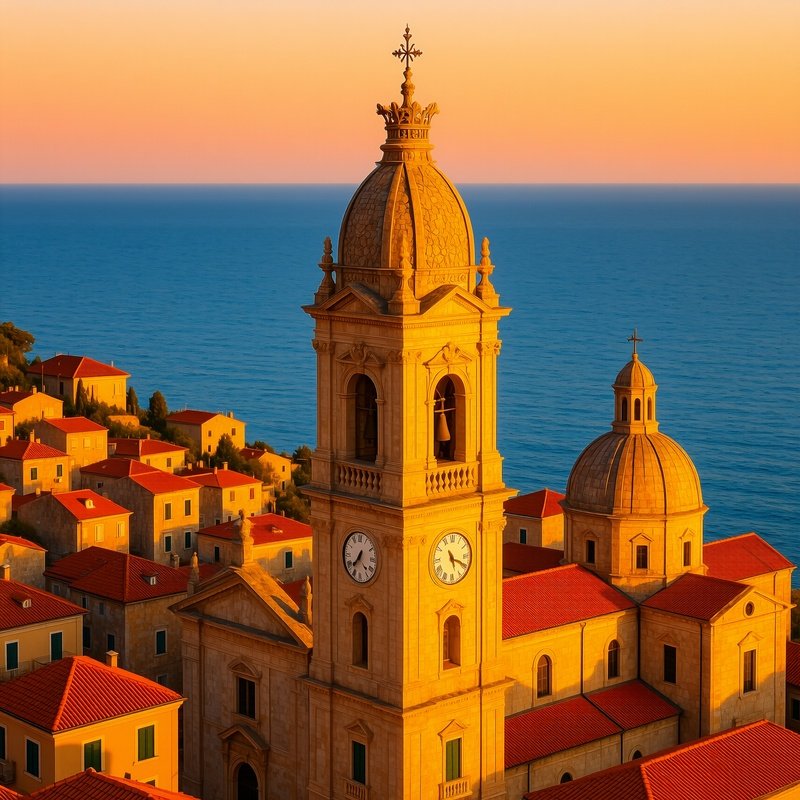 A Grand Church Tower Overlooking A Coastal Town Church Tower