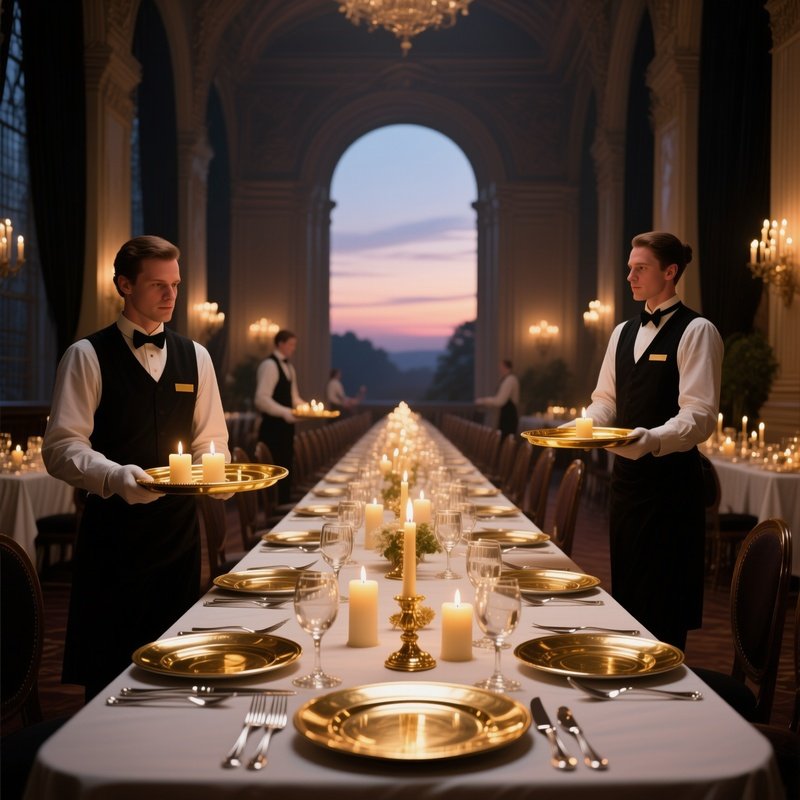 A Grand Dining Hall At Dusk, Long Tables Set With Silver Cutlery, Candlelight Flickering On