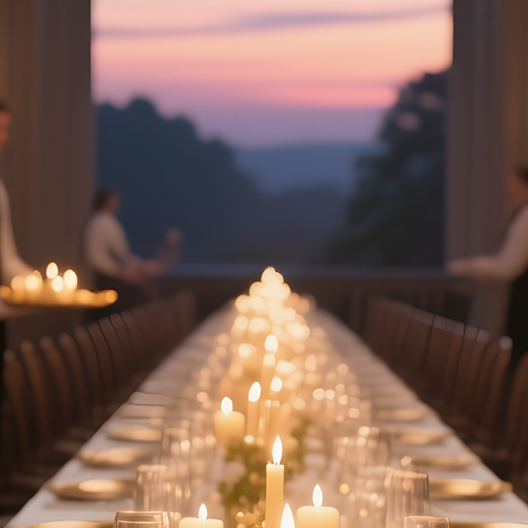 A Grand Dining Hall At Dusk, Long Tables Set With Silver Cutlery, Candlelight Flickering On - Full Resolution Quality Preview